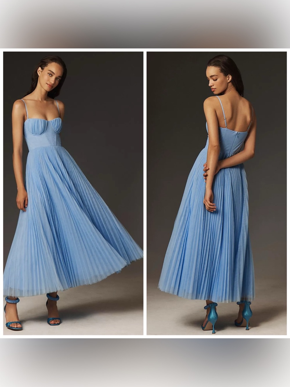 Hutch Amara Light Blue Corset Tulle Pleated Midi Dress Sundress Sz 2 Petite